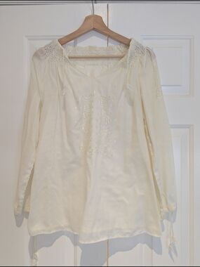 Vintage Ivory Cream Embroidered Long Sleeve Blouse Peasant Top Boho Gypsy S/M/L